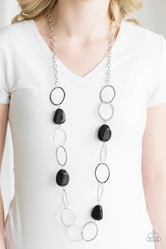 Featuring a faux rock finish, faceted black beads join hammered silver hoops across the chest for a seasonal look. Features an adjustable clasp closure.

 Sold as one individual necklace. Includes one pair of matching earrings. Black Long Necklace, Paparazzi Accessories Jewelry, Faux Rock, Paparazzi Accessories, Modern Necklaces, Black Necklace, Paparazzi Jewelry, Hammered Silver, Trendy Accessories