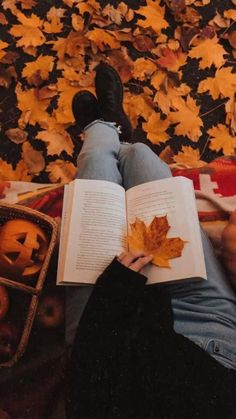 a person is laying down reading a book with autumn leaves on the ground behind them