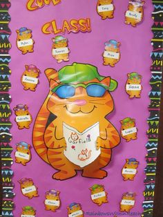 a bulletin board with a cat wearing sunglasses and reading a book in front of it