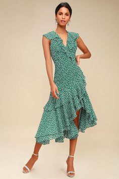 Women's Print Dresses - Floral Dresses, Plaid Dresses | Lulus.com Green Formal Dresses, Wedding Guest Dress Midi, Asymmetrical Midi Dress, Green Dresses, Green Floral Print, Floral Print Midi Dress, Wedding Guest Dresses, Party Outfits, Wedding Guests