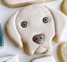 a cookie with a dog's face on it next to cookies and other items