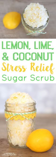 Lemon Lime Coconut Stress Away Sugar Scrub + Spa Gift Basket Idea #ad - Happiness is Homemade Coconut Scrub, Homemade Scrub, Happiness Is Homemade, Diy Body Scrub, Sugar Scrub Diy, Spa Gift Basket