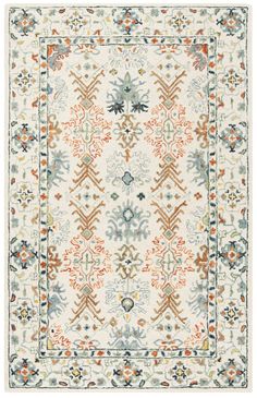 a white rug with an orange and blue design