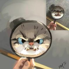 a person holding a magnifying glass with a cat's face on it