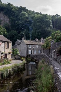 a river running through a small village next to a lush green hillside covered in trees