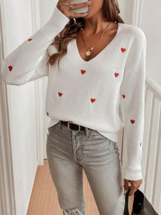 White Casual Collar Long Sleeve Fabric Geometric,Heart Pullovers Embellished Non-Stretch  Women Clothing Fitted Heart Print Sweater For Fall, Fitted Winter Top With Heart Print, Long Sleeve Knit Tops With Heart Print, Knit Long Sleeve Tops With Heart Print, Fitted Heart Print Tops For Fall, Winter Heart Print Tops, Valentine's Day Long Sleeve Sweater With Heart Graphic, Long Sleeve Heart Graphic Sweater For Fall, Long Sleeve Tops With Heart Print For Spring