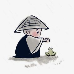 a drawing of a person sitting on the ground with a frog in front of them