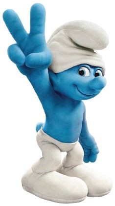 the smurf is waving and making a peace sign