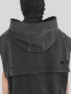 Step into the urban arena with our Distressed Sleeveless Hoodie. Drawing inspiration from the armor of samurai warriors, this hoodie boasts widened shoulders that accentuate the head-to-shoulder ratio. A unique cape-like spliced design on the back adds a sense of motion and drama, while the delicate embroidery LOGO on the left chest offers a touch of sophistication. Completed with ripped details, frayed edges, and a washed black color, this garment is crafted for those who seek style with an edg Mens Sleeveless Hoodie, Sleeveless Hoodie Men, Customising Clothes, Samurai Print, Distressed Embroidery, Mens Grunge, Distressed Hoodie, Samurai Warriors, Hoodie Drawing