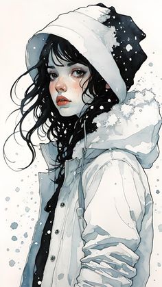 a drawing of a woman wearing a white hat and coat with snow falling all over her