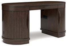 a wooden desk with an oval shaped top