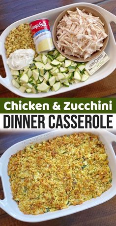 chicken and zucchini dinner casserole is shown in two separate pans