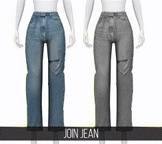 an image of two jeans on display with the name jon jean written in black and white