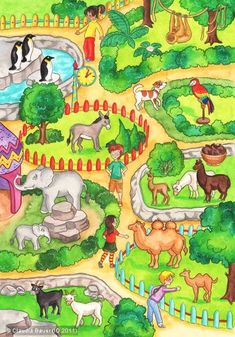 a map with animals and people walking around in the park, along with other things to see