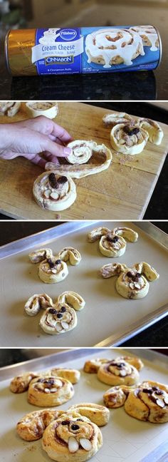 the process of making cinnamon roll cookies is shown in three different stages, including being rolled up