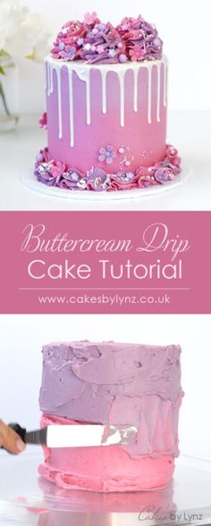 A Two-Tone Buttercream Drip Cake Tutorial Pink And Purple Drip Cake, Diy Birthday Cake Decorating Ideas, Pink And Purple Cakes, Pink And Purple Cake Ideas, Buttercream Cake Designs Birthday, February Birthday Cake, Pink And Purple Birthday Cake, Purple Drip Cake, Ombre Cake Decorating