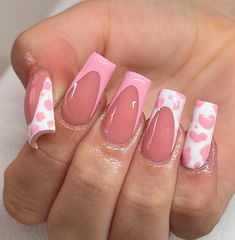 Cow Print Nails Square, Cow Print Pink Nails, Nail Inspo Cow Print, Pink Cow Print Nails Acrylic, Cow Print Valentines, Short Cow Print Nails, Pink Cow Nails