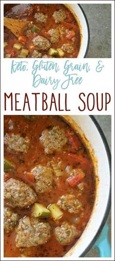 meatball soup in a white bowl with a wooden spoon and title text above it