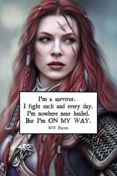 a woman with red hair holding a sign that says, i'm a survivor