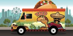 a taco truck driving down the road with a mexican theme on it's side