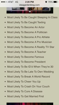 an iphone screen with the text, most likely to be caught sleeping in class must likely to become an actor most likely to become a pro musician most likely to become a