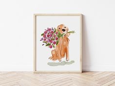 a painting of a dog with flowers in it's mouth on a wall next to a wooden floor