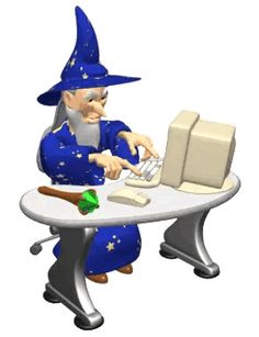 an old wizard sitting at a table with a computer