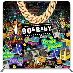 a poster with the words 90's baby surrounded by various stickers and objects