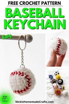 crochet pattern for baseball keychain with text that says free crochet pattern