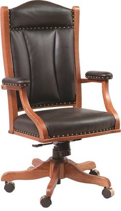 an office chair with black leather and wooden arms