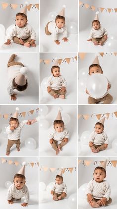 a collage of baby pictures with balloons and party hats in various poses, including the first one holding a balloon