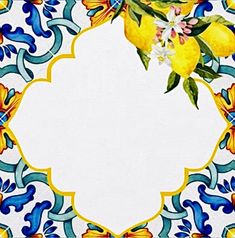 a yellow and blue tile border with lemons on the top, surrounded by flowers