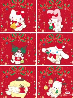 four different pictures of hello kitty and other animals on red background with bows, snowflakes and christmas decorations