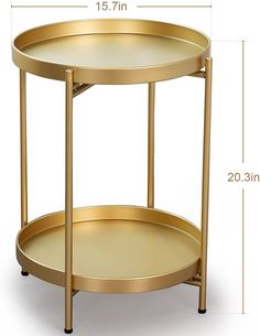 Gold Folding End Table 2-Tier Metal Round Side Table with Removable Tray (15.2”Dx20”H) - Robeet Gold Bedside Table, Metal Countertop, Gold Accent Table, Round Bedside, Round Metal Side Table, Glam Accessories, Dorm Bathroom, Metal Nightstand, Gold Side Table