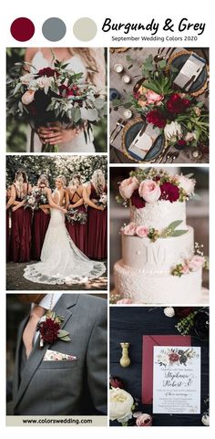 a collage of wedding photos with red and white flowers