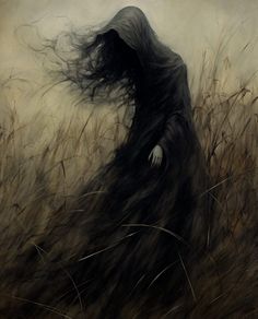 a painting of a woman with long hair walking through tall grass on a cloudy day