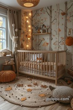 a baby's room with a crib and tree wallpaper