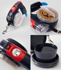 four different views of an electric dog food dispenser and its attachments