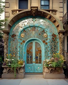 an ornately decorated entrance to a building with potted plants and flowers in front