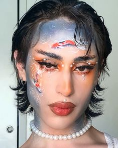 Full Face Creative Makeup Looks, Water Face Paint, Full Face Makeup Art, Koi Fish Makeup, Unconventional Makeup, Avatar Makeup, Water Makeup, Fish Makeup, Face Paint Makeup