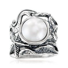 A large 11mm button pearl is the centerpiece of this nautical openwork ring. It is surrounded by artful waves and starfish formed by antiqued sterling silver. Item no. 830645 Relationship Necklaces, Life Ring, Freshwater Pearl Jewelry, Freshwater Pearl Ring, Rings Silver