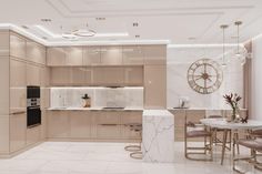 a large kitchen with marble counter tops and white walls, along with beige stools