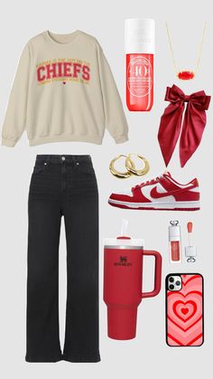 superbowl outfit!! go chiefs!! #chiefs #football #taylorswift #traviskelce #superbowl #red #stanley #iphone #apple #gold #jewelry #bow #coquette #soldejaniro #nike #dior #makeup #outfit #aesthetic Chiefs Game Day Food, Cheifs Superbowl Outfit, Superbowl Outfit, Red Stanley, Kc Cheifs, Jam Ideas