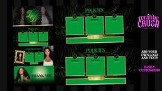 a green and black photo booth with gold trimmings on the front, two pictures in