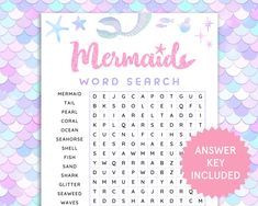 the mermaid word search is shown on a pink and blue background