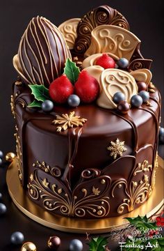 a chocolate cake decorated with berries, candy and other toppings on a black background