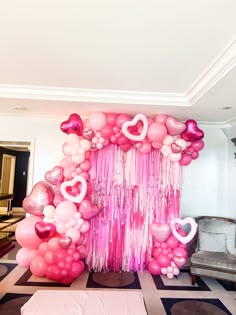 Las Vegas bachelorette decor. Fringe wall with balloons. Caesar’s palace suite. Vegas balloons. Cosmopolitan. Pink fringe wall Pink Hearts Birthday Party, Valentine’s Day Balloon Heart Wall, Pink Heart Party Decorations, Galentine Balloon Decor, Heart Balloon Decorations, Heart Balloon Decor, Valentine's Balloon Decorations, Galentines Party Decor Balloons, Giant Conversation Hearts