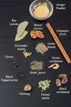 an assortment of spices and herbs on a black surface with the names of their ingredients