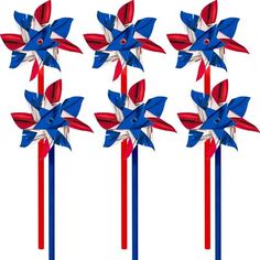 four red, white and blue pinwheels on sticks