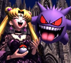 an animated image of a woman holding a ball next to a large monster head in front of a castle